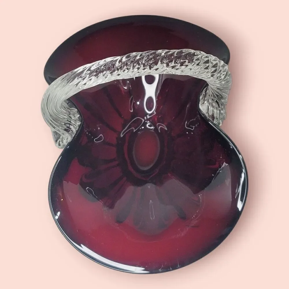 Ruby Red Hand Blown Art Glass Basket Applied‎ Handle Clear Ground Base